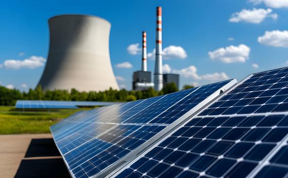 Solar Panels in front of cooling towers.
